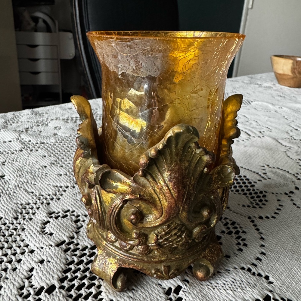 Antique Ornate Gold Glass Candle Vase - Decorative Home Accent